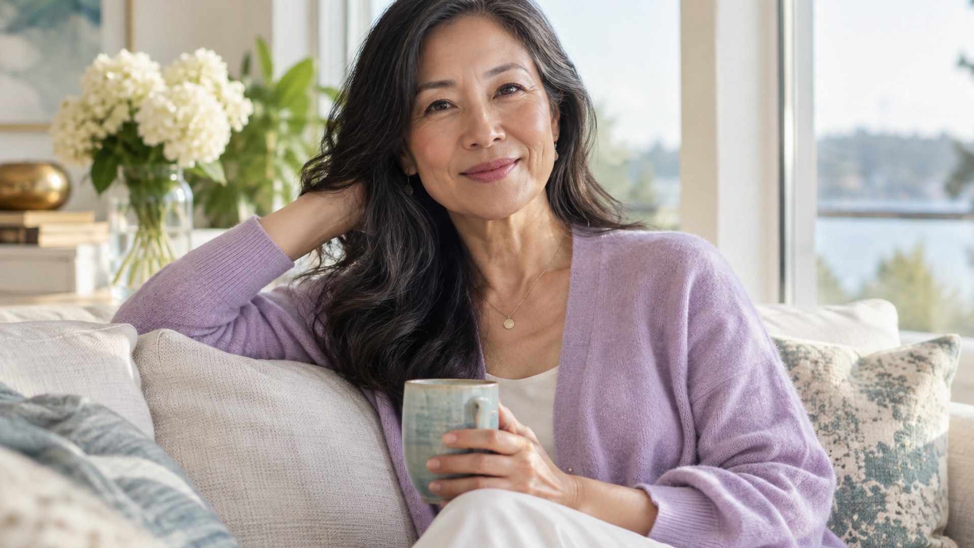 Woman relaxing at home in soft daylight