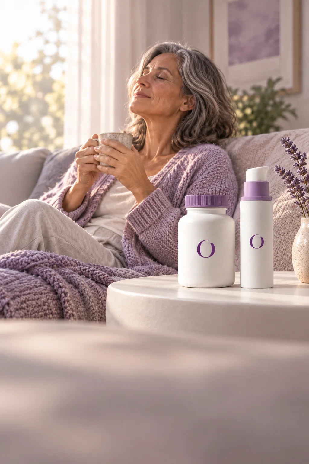 Woman in her fifties relaxing on the sofa with a warm mug, OnTrend bottle and pump on the side table
