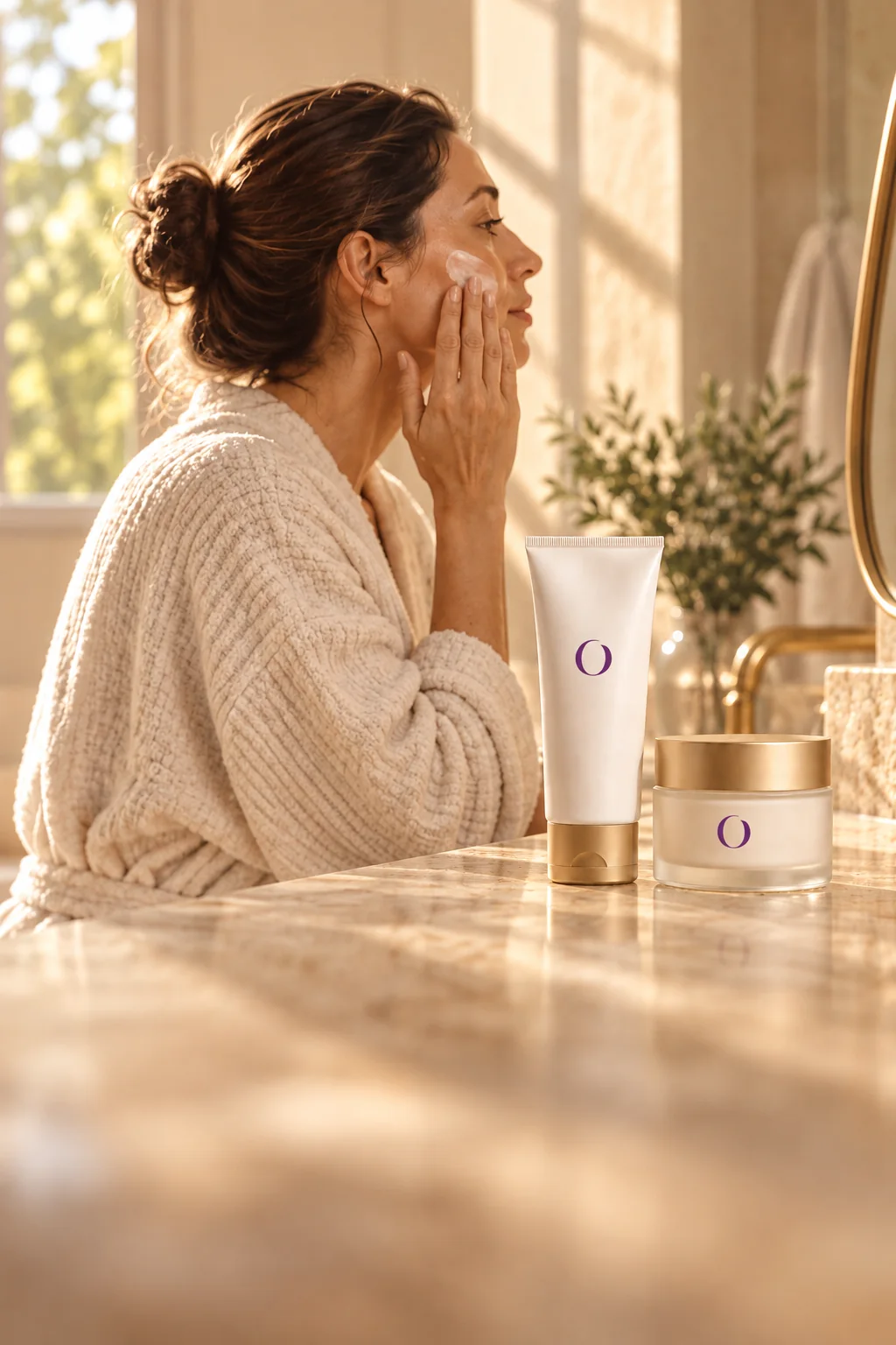 Woman applying cream to her cheek at a stone vanity, OnTrend tube and jar on the counter